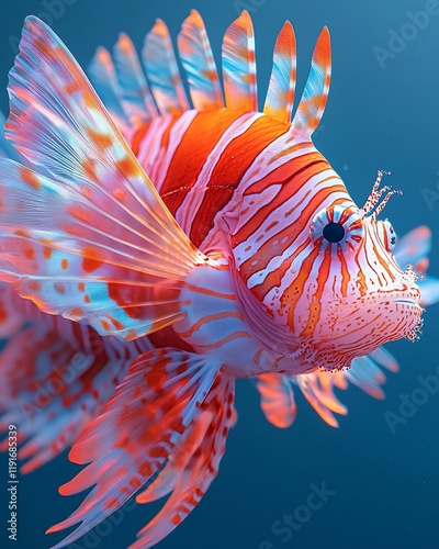 Red and white lionfish underwater close-up.