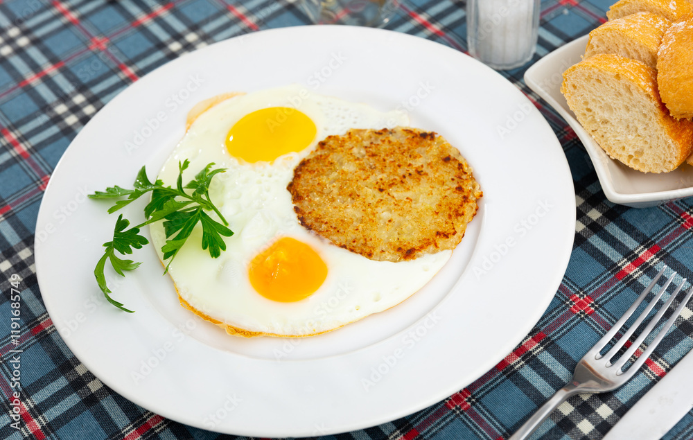 On plate are vegetable pancakes made from grated zucchini cooked with fried eggs sunny-side up eggs On plate are vegetable pancakes made from grated zucchini cooked with fried eggs sunny-side up eggs