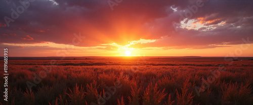 Sunset Over Open Prairies with Vibrant Hues Creating a Serene and Calm Atmosphere photo