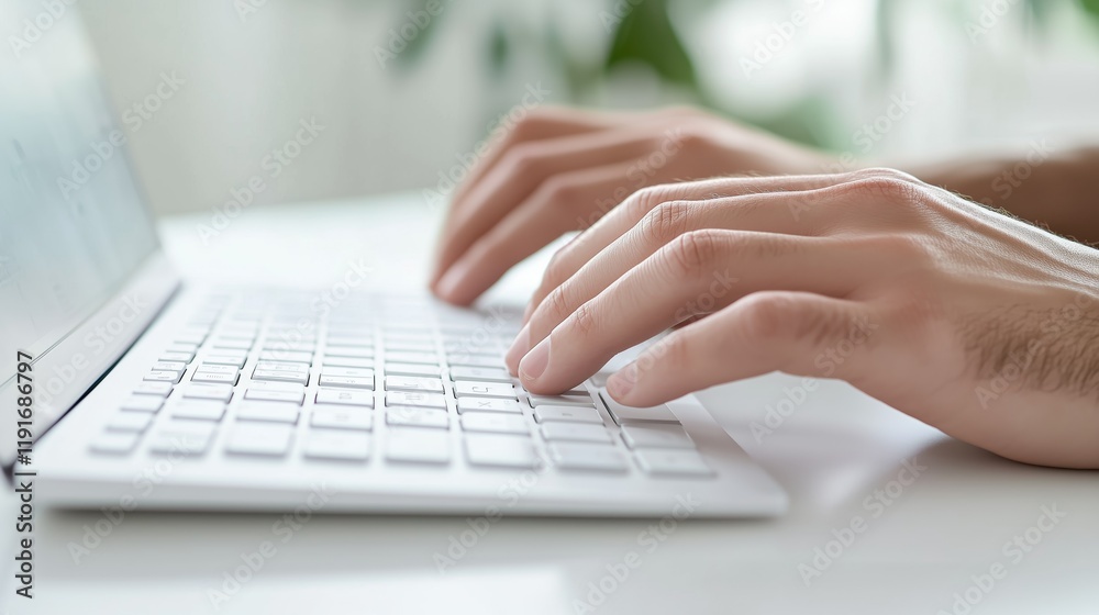 Close-up of hands typing on a white keyboard in a bright and minimalist setting Close-up of hands typing on a white keyboard in a bright and minimalist setting