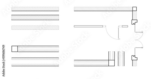 Vector illustration of architectural drawings featuring minimal-style CAD tree line drawings. wall, precast, brick wall, concrete wall outline symbols designed for landscape design.