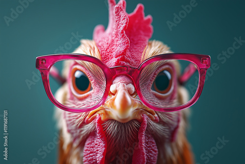 Close-up of a chicken wearing vibrant pink reading glasses against a teal background photo