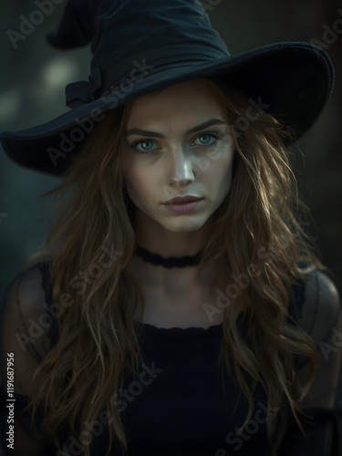 Una hermosa y encantadora bruja, con una mirada que destila odio