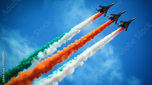 Indian air force fighter jets in tri-color formation against clear blue sky