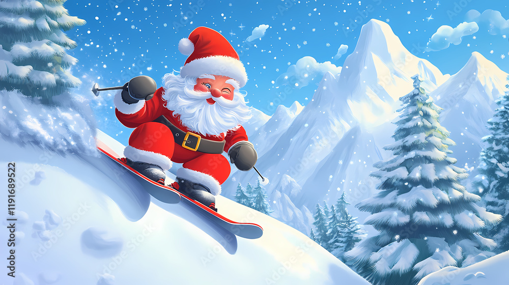 Obraz premium Santa claus skiing down a snowy mountain slope during winter in a festive and cheerful winter landscape. wide web banner. Skyweave. Illustration