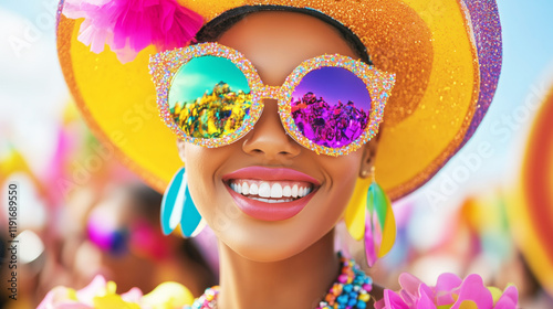 Vibrant celebration with glitter painted face and colorful accessories photo