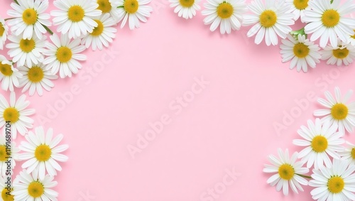Daisies arranged on a pink background forming a border