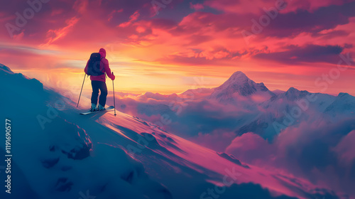 Skier in winter landscape. Skyweave. Illustration photo