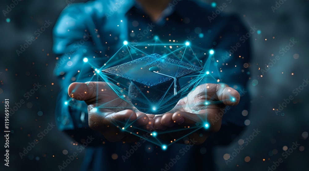 Futuristic digital transformation concept showing hands holding glowing blue network connections and geometric shapes perfect for business technology presentations.