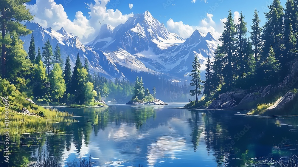 Fototapeta premium Serene Mountain Lake Reflection: A Breathtaking Panorama