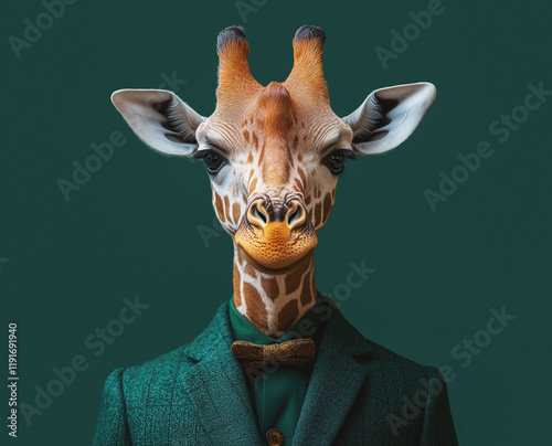 A whimsical portrait features a giraffe with a suit and bow tie. animal portrait creative abstract