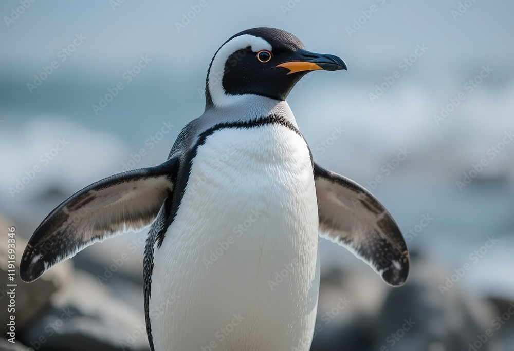 Naklejka premium Chinstrap Penguin Profile With Wings Slightly Ajar