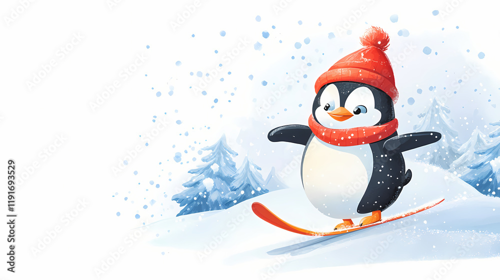 Adorable cartoon penguin skiing in a snowy landscape, perfect for winter themes and kids' illustrations on a bright white background. Skyweave. Illustration Adorable cartoon penguin skiing in a snowy landscape, perfect for winter themes and kids' illustrations on a bright white background. Skyweave. Illustration