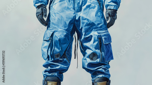 Blue insulated cargo pants. Skyweave. Illustration