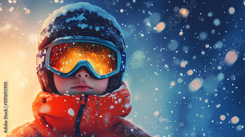 Child in snow with ski goggles. generative ai. Skyweave. Illustration photo