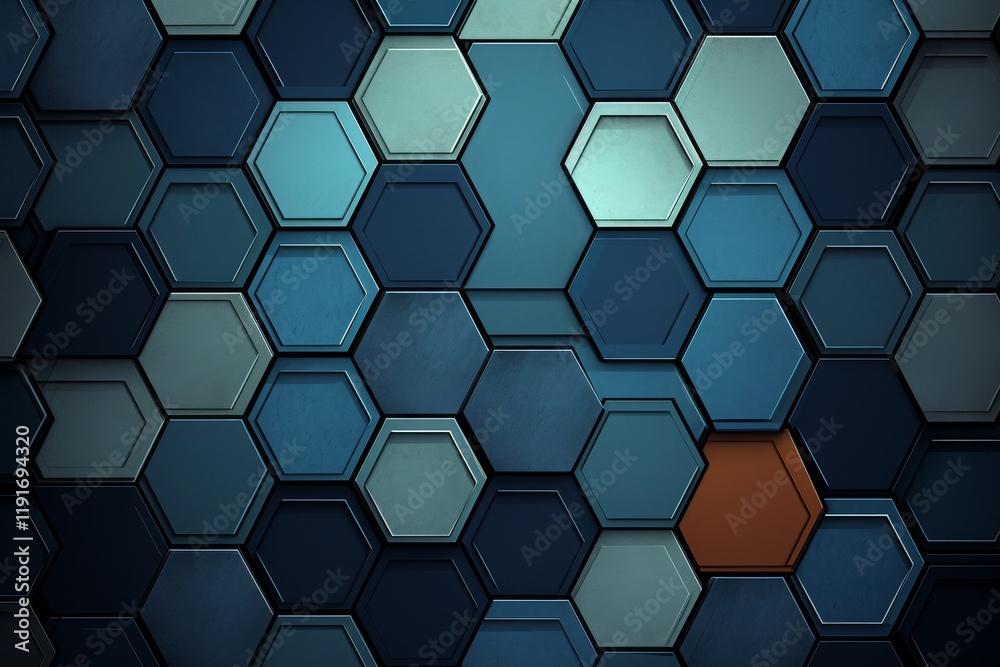 Dark blue hexagonal patterns create a striking abstract design, emphasizing geometry and depth with a notable orange hexagon among the blues, perfect for digital backgrounds or art Dark blue hexagonal patterns create a striking abstract design, emphasizing geometry and depth with a notable orange hexagon among the blues, perfect for digital backgrounds or art