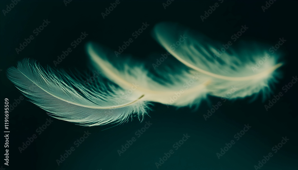 Naklejka premium Delicate white feathers float against a deep teal background, creating a serene and ethereal image perfect for design projects or artistic inspiration.