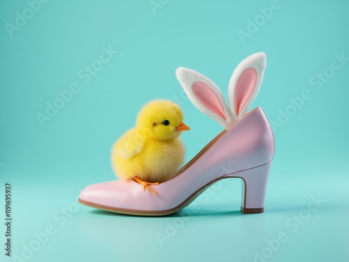 Cute chick sitting in pink high heel with bunny ears on turquoise background photo