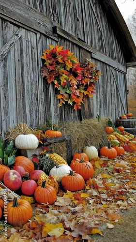 Pumpkins and autumn leaves adorn a rustic barn during fall harvest season in a picturesque rural setting
