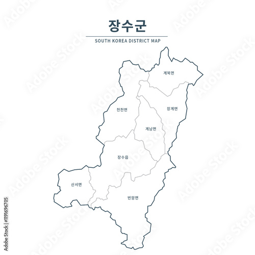 Jangsu Map. Map of South Korea with Major Cities, Clean Line Design on White Background. photo