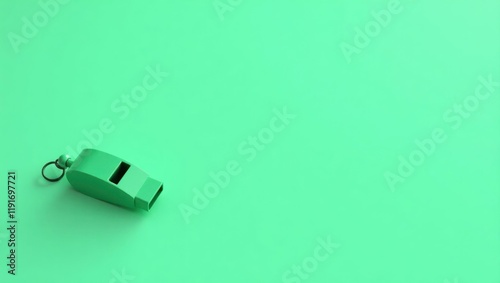 Mint green referee whistle on left. Soft orange background. Copy space for text, 3D render AI Generated Designer Element photo