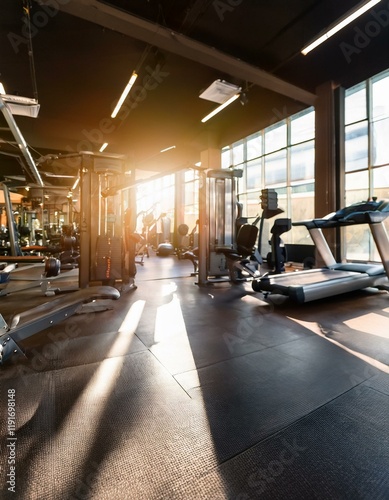 Generated image Blurred gym room interior equipment with sunlight in background, copy space. Fitness workout