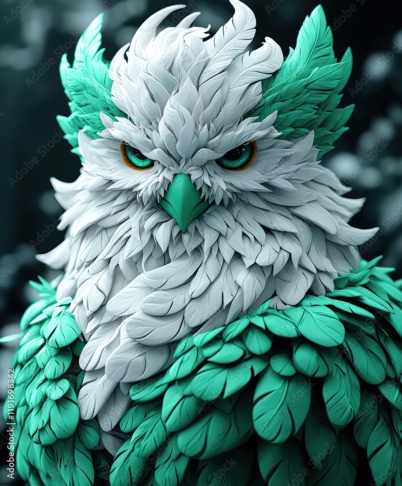 Fototapeta premium Closeup portrait of a stylized owl with white and teal feathers, rendered in 3D.