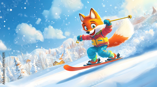 A playful fox skis down a snowy slope, embracing winter's adventure in a vibrant ski outfit. Skyweave. Illustration photo