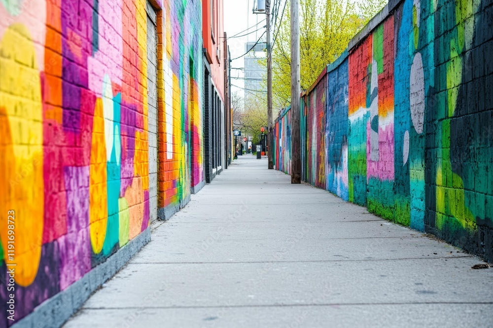 Naklejka premium Colorful graffiti murals line a narrow alleyway.