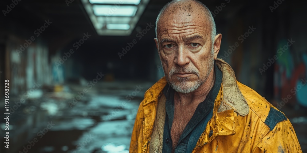 Naklejka premium Portrait of a weathered older man in a dirty yellow jacket, standing in a dark, gritty urban environment.