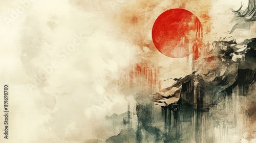 Abstract landscape painting with a large red sun and dark brushstrokes suggesting mountains or clouds. photo
