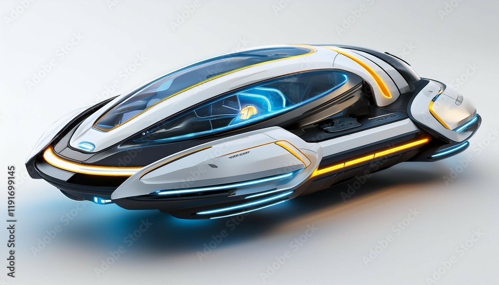 a compact hovercraft flying object 3d illustration futuristic style with glowing details isolated on white and white background a compact hovercraft flying object 3d illustration futuristic style with glowing details isolated on white and white background