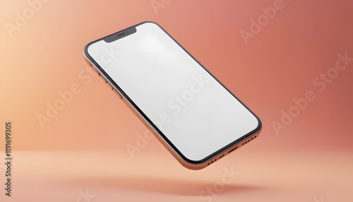Rose gold smartphone mockup with blank screen, floating on peach background.