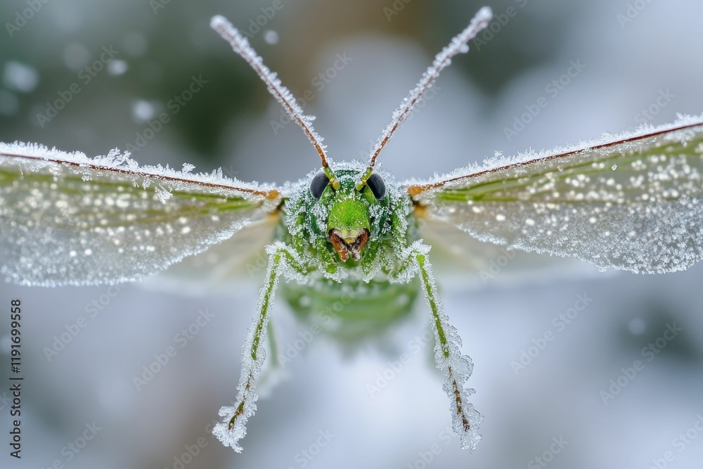 Fototapeta premium Frozen insect, green body, ice crystals.