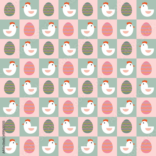 Pattern with chicken and eggs. Easter theme. Multicolored painted eggs. Background of colored squares. Vector illustration