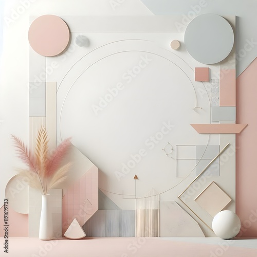 Minimalist Pastel Geometric Still Life with Spheres, Arches and Soft Pink Tones – Modern Abstract Composition