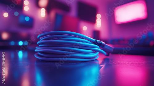 A single charging cable coiled neatly on a desk representing simplicity, order, and utility with blurred background emphasizing focus and minimalism

 photo