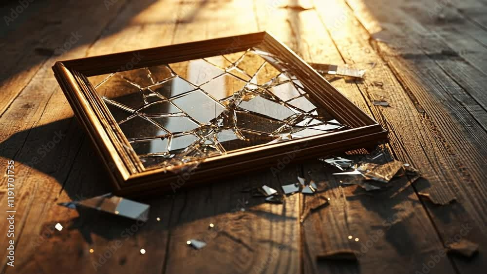 Shattered Dreams: A Broken Frame on a Rustic Wooden Floor Shattered Dreams: A Broken Frame on a Rustic Wooden Floor