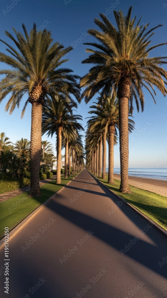 Fototapeta premium Lush palm trees lining a serene beachside path create a tranquil atmosphere in the golden hour light