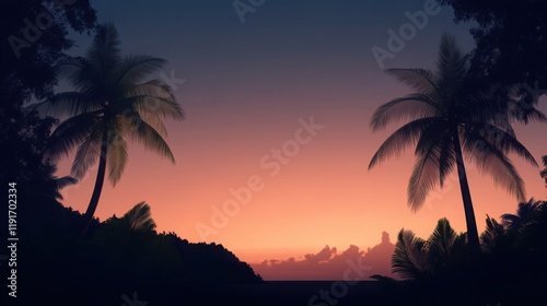 Stunning tropical sunset with palm trees silhouetted against a vibrant sky