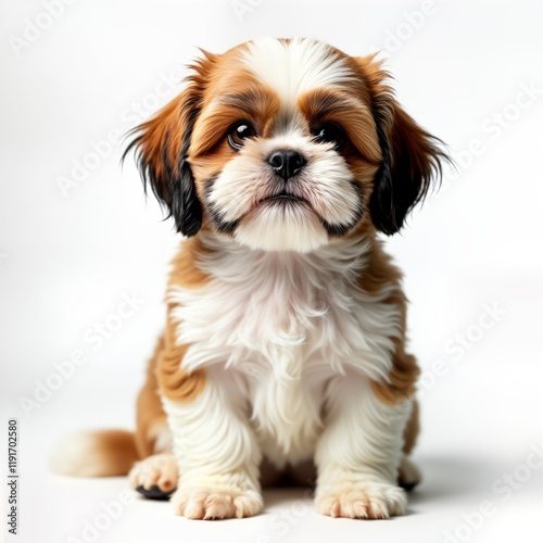 Adorable shih tzu puppy sitting on white background. Cute pet portrait. Studio shot. Small dog breed. Fluffy fur. Purebred. Adorable puppy. Isolated image. Pet care. Domestic animal. Perfect for pet