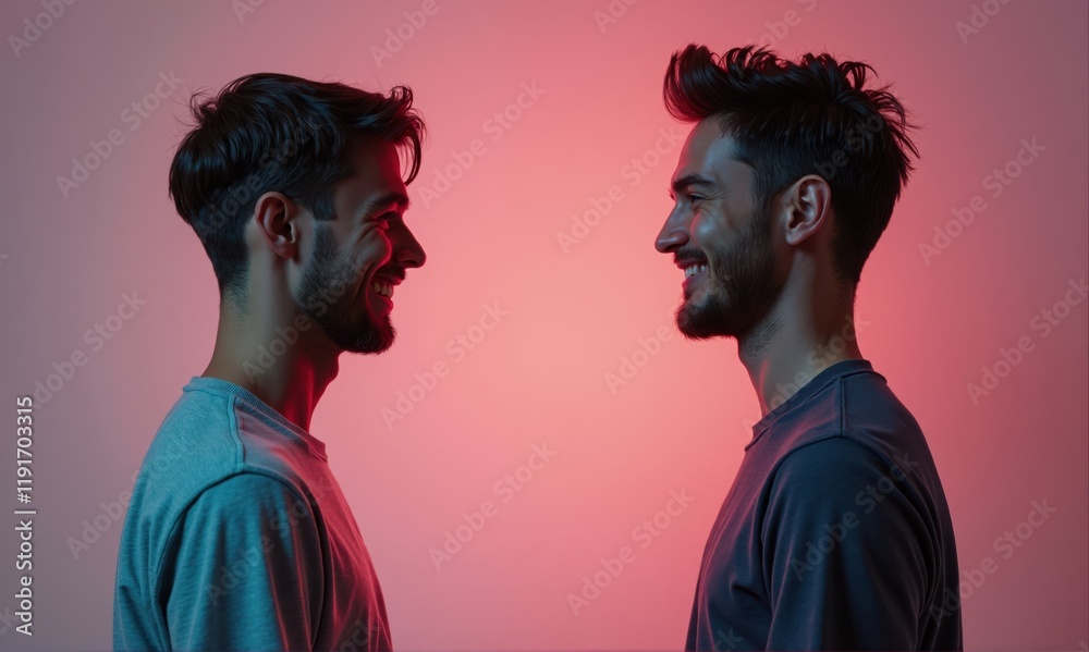 Two Men in Profile Against Pink Background Two Men in Profile Against Pink Background
