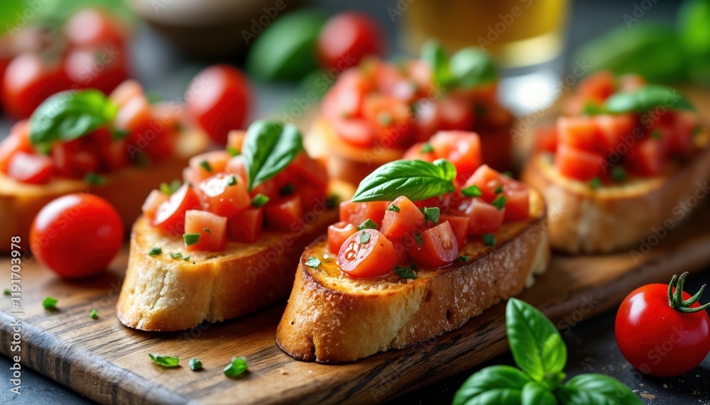 Four slices of bruschetta arranged on rustic wooden board. Bruschetta topped with fresh diced tomatoes, basil. Fresh cherry tomatoes, basil leaves scattered around bruschetta. Drink visible in Four slices of bruschetta arranged on rustic wooden board. Bruschetta topped with fresh diced tomatoes, basil. Fresh cherry tomatoes, basil leaves scattered around bruschetta. Drink visible in