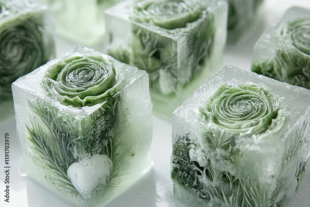 Obraz premium Frozen green botanicals in ice cubes.