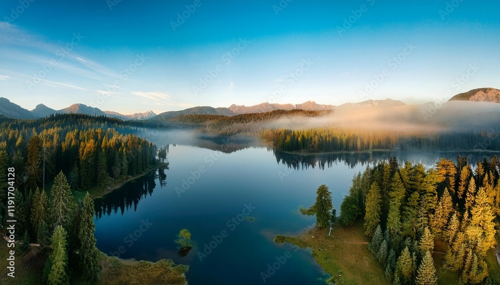 Fototapeta premium aerial shot of a tranquil lake in the morning