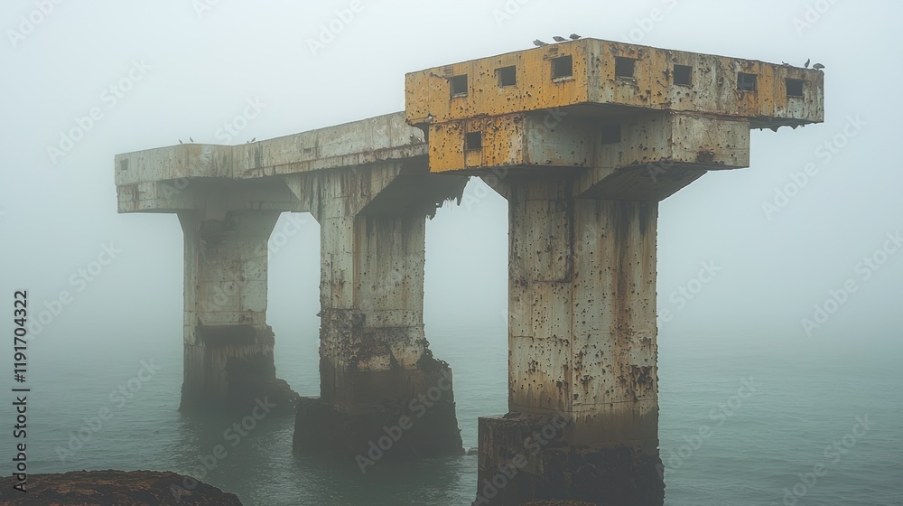 Fototapeta premium Mysterious Foggy Ruin: A Coastal Concrete Structure