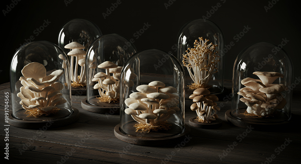 Fototapeta premium illustration of groups of mushrooms vegetating under transparent glass covers and placed on table in dark room