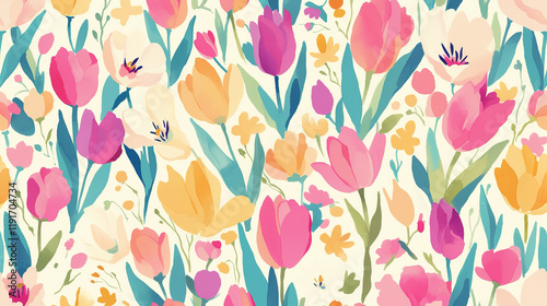 The image features a vibrant and colorful floral pattern with various tulips in shades of pink, purple, yellow, and white