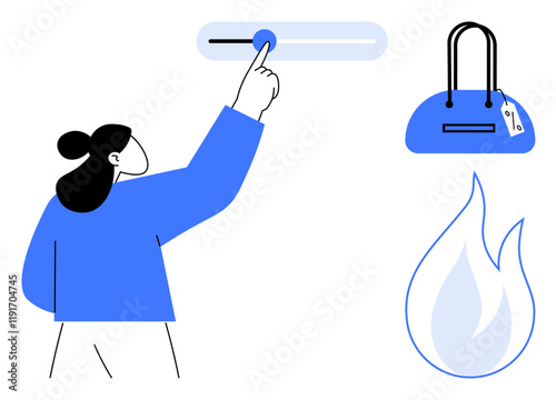 Woman adjusting slider with hand gesture, depicted in flat design. Elements include handbag with price tag and blue flame. Ideal for ecommerce, technology, fashion, safety, interface design, online photo