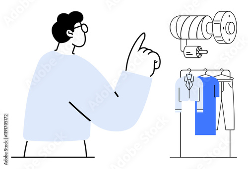 Person pointing beside a garment rack with shirts and pants. Overhead, a machine part is depicted. Ideal for retail, manufacturing, clothing, engineering, design fashion and technology themes. Line
